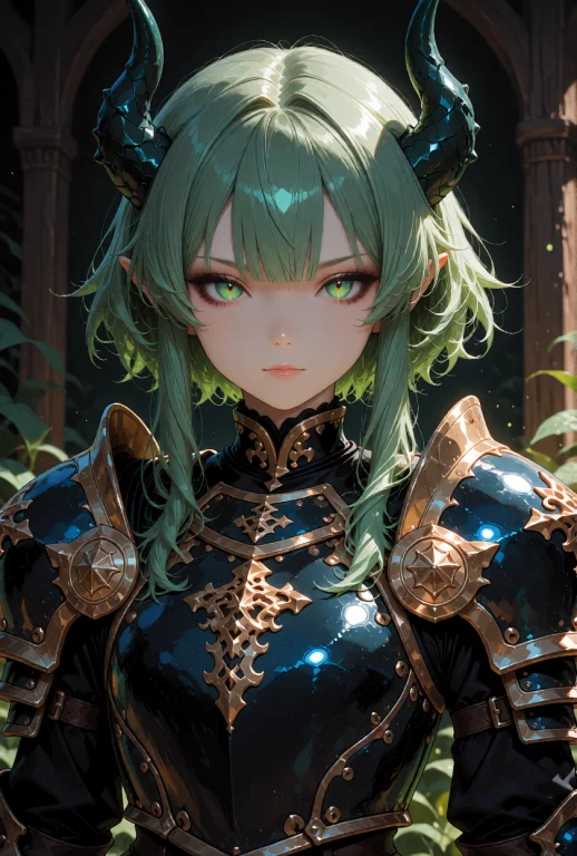A Demon Girl With Sage Green Hair Styled In A Messy Bob With...