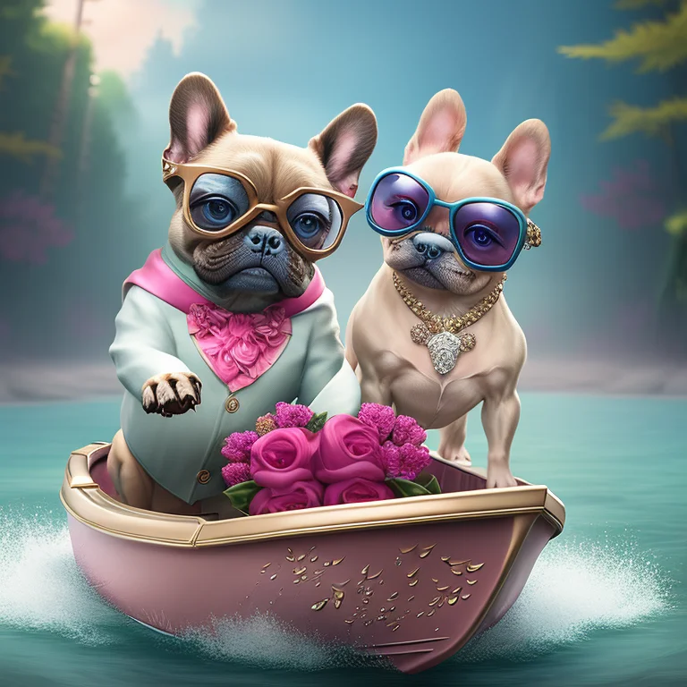 Couple Of French Bulldog On A Mini Boat For A Romantic Ride...