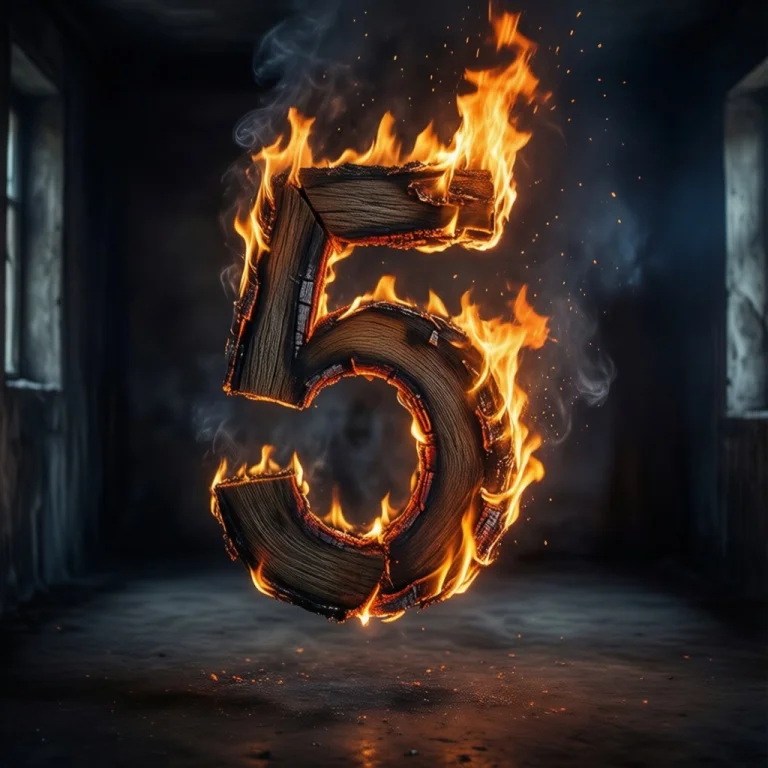 A Dark Room The Number 5, Made Of Burning Wood, Floats In Th...