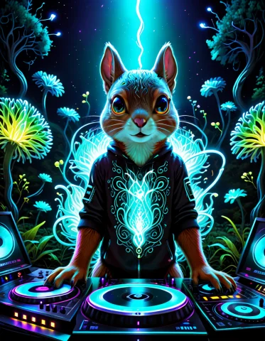 Dj Squirrels At A Rave Made Of Organic Bioluminescent At Nig... — SDXL AI Prompt: DJ Squirrels at a rave made of organic bioluminescent at night, lazypos, 