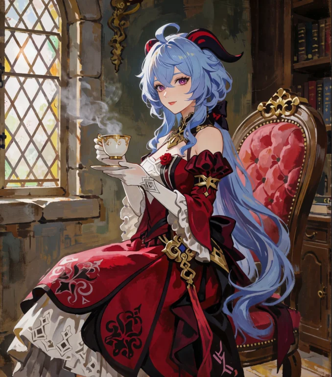 Renaissance Style Painting, Ganyu, Wearing Elegant Red Dress...