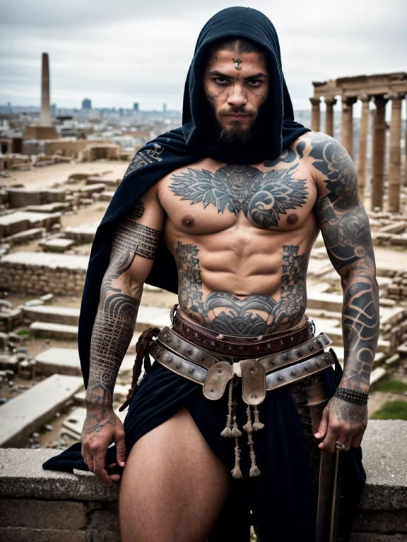 Bold Raw Photo Of A Man In Ancient Armor , On A City Ruins....