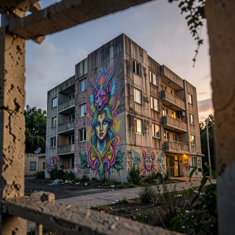 A Brutalist Concrete Housing Block At Dusk, Psychedelic Art,...
