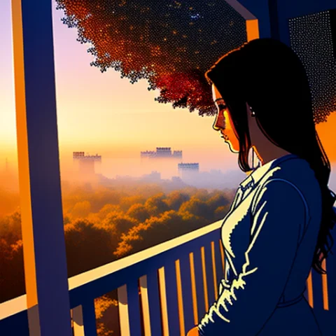 Atmospheric Pixel Art, A Close Up Shot Of A Woman On A Balco... — Stable Diffusion AI Prompt: Atmospheric pixel art, a close up shot of a woman on a balcony at dawn, Intricat...
