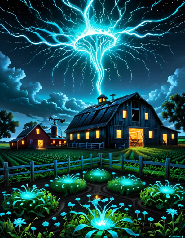 A Scene Of A Farm, With A Tornado Made Of Organic Biolumines...
