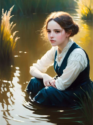 Portrait Of A Cute Woman Bathing In A River, Reeds, Backligh... — Stable Diffusion AI Prompt: portrait of a cute woman bathing in a river, reeds, (backlighting), realistic, m...