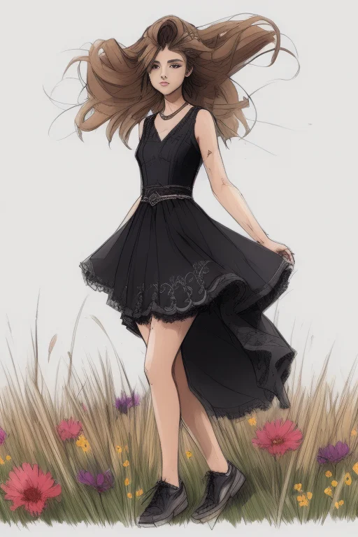 Sketch Of A Pretty Girl, Long Hair, Pretty Dress, Dancing In...