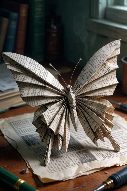 , A Butterfly Made Of Newspaper Clippings Folded Into Origam...