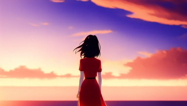 Anime, Pretty Woman In Red Dress, Stares To The Sunset Horiz...