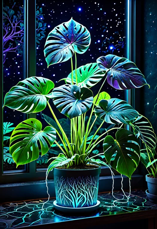 Photorealistic, Potted Monstera On A Dark Windowsill At Nigh...