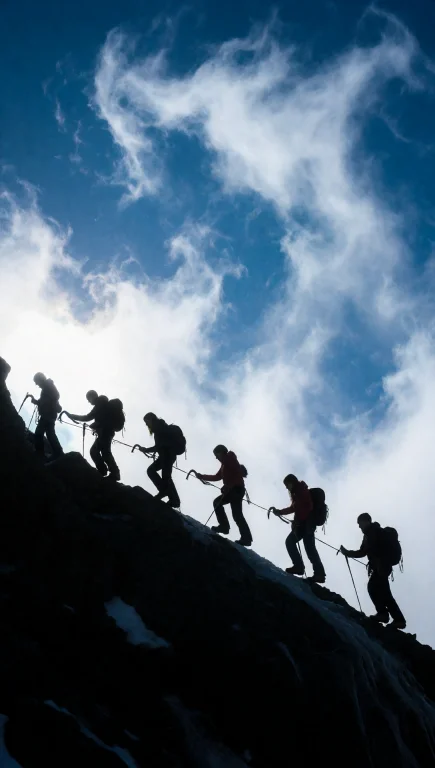 A Vertical Shot Capturing A Line Of Six Silhouettedman And W...