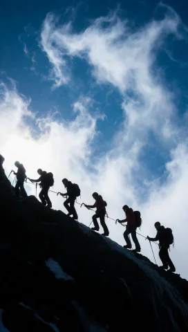 A Vertical Shot Capturing A Line Of Six Silhouettedman And W... — Stable Diffusion AI Prompt: A vertical shot capturing a line of six silhouetted(man and woman) climbers asce...