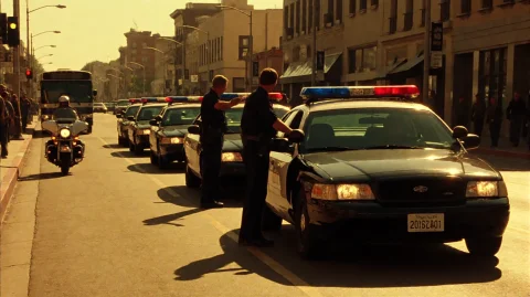 Swrdfsh2001, A Line Of Police Vehicles, Including Sedans And... — Stable Diffusion AI Prompt: swrdfsh2001, A line of police vehicles, including sedans and a motorcycle, moves...