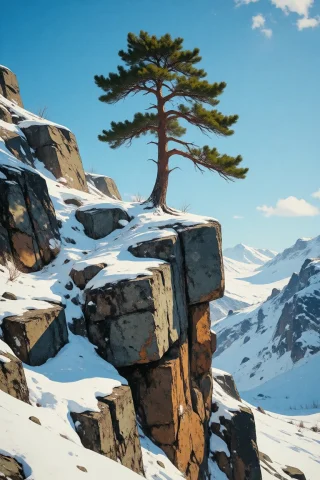 Nature, A Stunning Vertical Photograph Of A Solitary, Resili... — Stable Diffusion AI Prompt: nature, A stunning vertical photograph of a solitary, resilient pine tree growin...