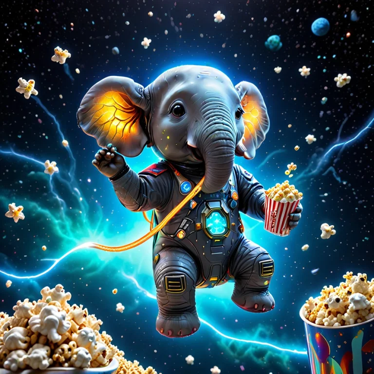 Chibi Elephant Astronaut Floating In Zero-g, Eating Popcorn,...