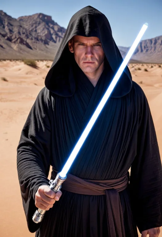Jedi Master, Holding Light Saber, Black Robe, Desert, Closeu...