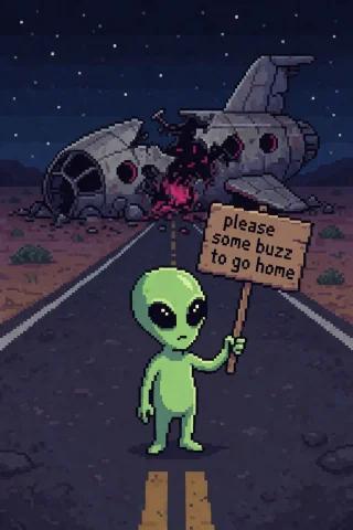 16bit Pixel Graphics Picture Of A Little Alien In The Middle... — Stable Diffusion AI Prompt: 16bit pixel graphics picture of a little alien in the middle of the road at nigh...