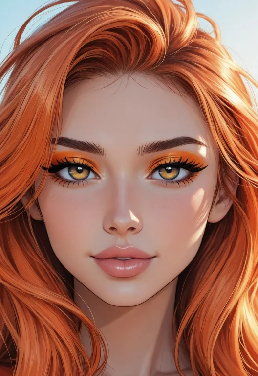 Woman Face Closeup, Long Hair, Vibrant Orange Eyeshadow, Fas...