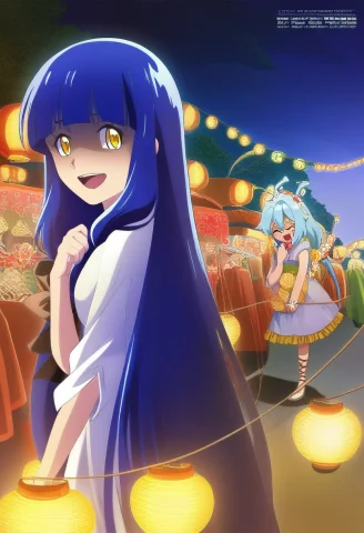No Humans, Very Long Hair, Blue Hair, Yellow Eyes, Dress, La... — Stable Diffusion AI Prompt: no humans, very long hair, blue hair, yellow eyes, dress, laughing, looking back...