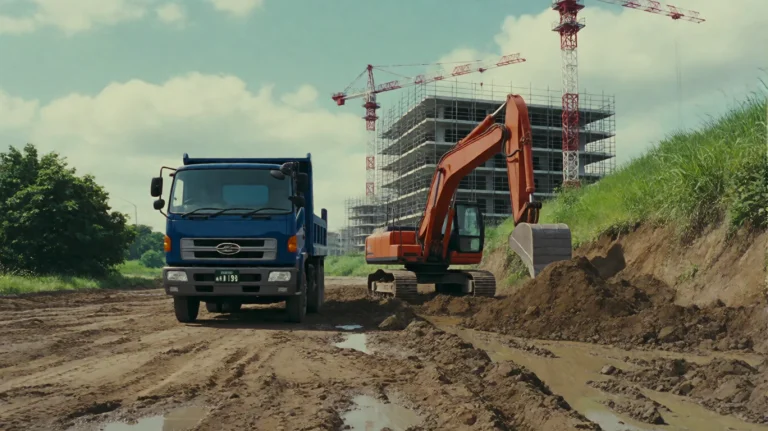 Pmpk1994, A Blue Dump Truck And An Orange Excavator Are Posi...