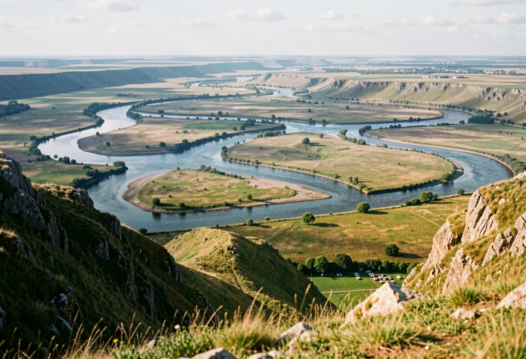 A Meandering River Delta Seen From A Ridge, 35mm Film Still,...