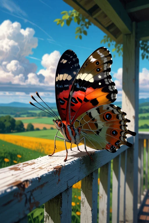 , A Butterfly On A Porch Railing With A Blurred Countryside...