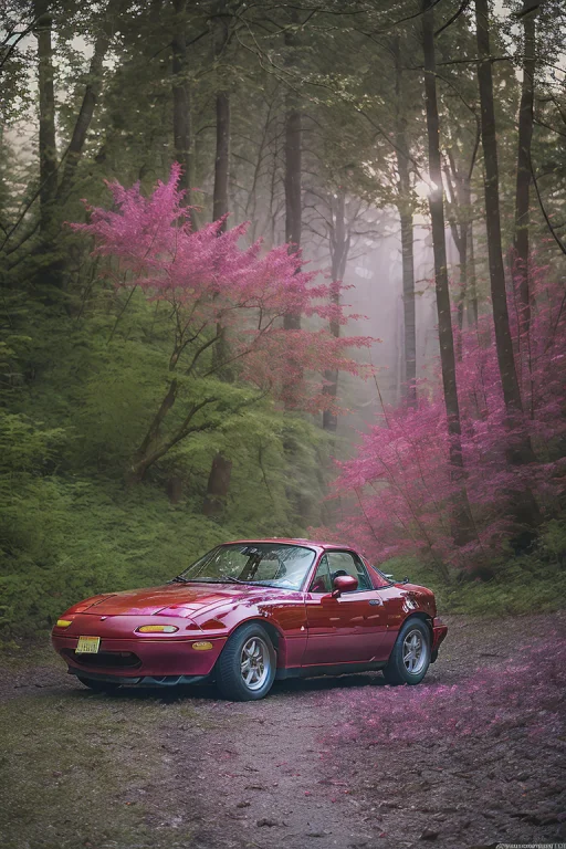 Side Photo Of Red Mazdamiata In A Foggy Forest With Pink And...