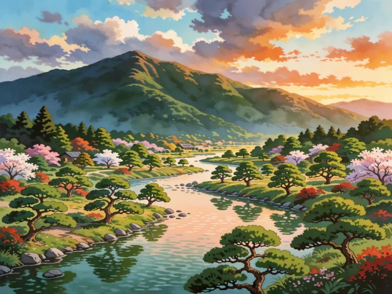 Japanese Landscape With River Cherry Blossoms Mountains Suns...