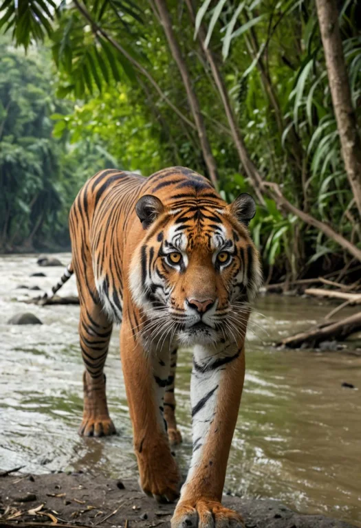Tiger Walking By The River, Tall Trees, Closeup Face, Seriou...