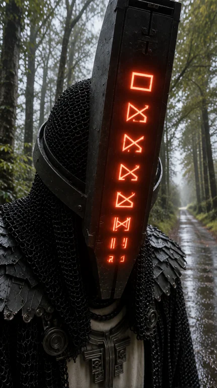 Cybrpnk Masked Humanoid, Extreme Close-up, Low Angle, Standi...
