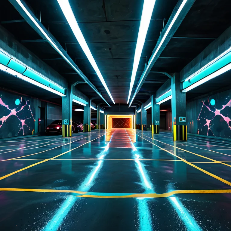 An Underground Parking Garage Level, Concrete Pillars And Pa...