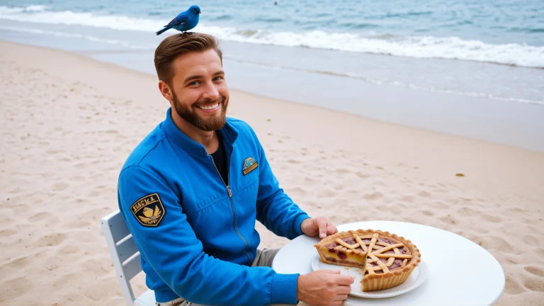 A Man With Bird On Head At The Beach