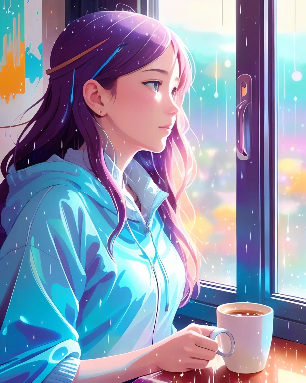 Realistic, Real Life, Beautiful Cute Girl Sitting Psychedeli...