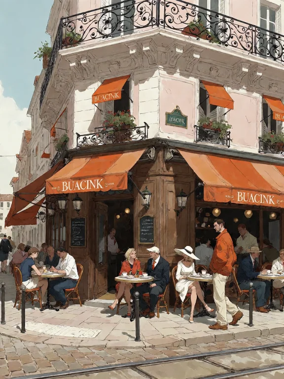 Bradhamel Art Style. A Charming, Sunlit European Corner Caf...