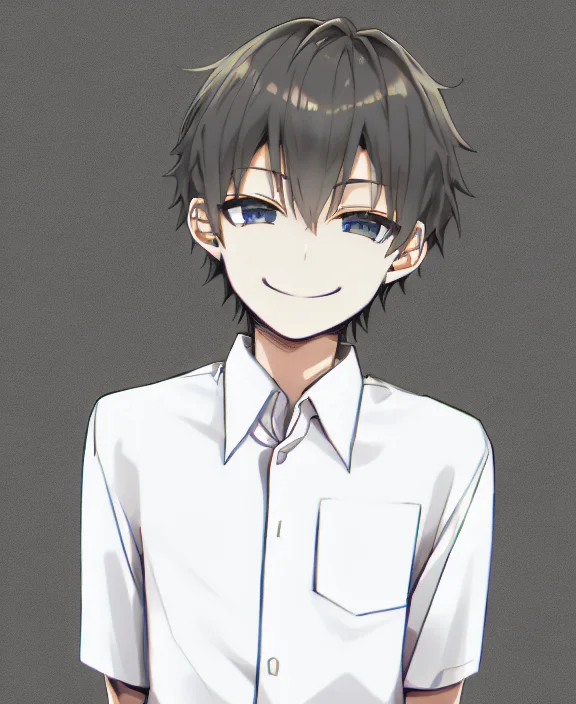 Bangs, By Sky-freedom, 1boy, Solo, White Collared Shirt, Smi...