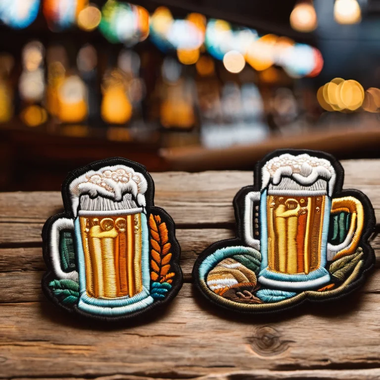 Two Textile Patches Sitting In A Bar And Drinking Beer.