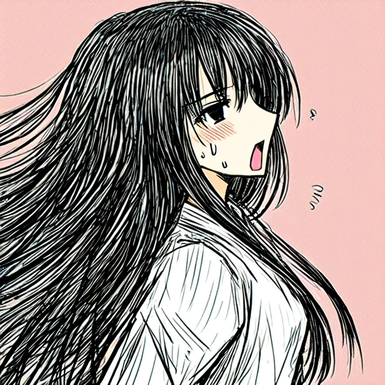 1girl, Solo , Sweatdrop, Open Mouth, Jaggy Lines, Long Hair,...