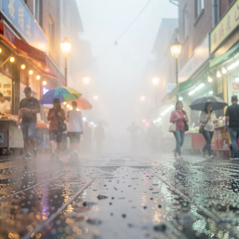 A Market Street Steaming After Summer Rain, Soft Diffused Li...