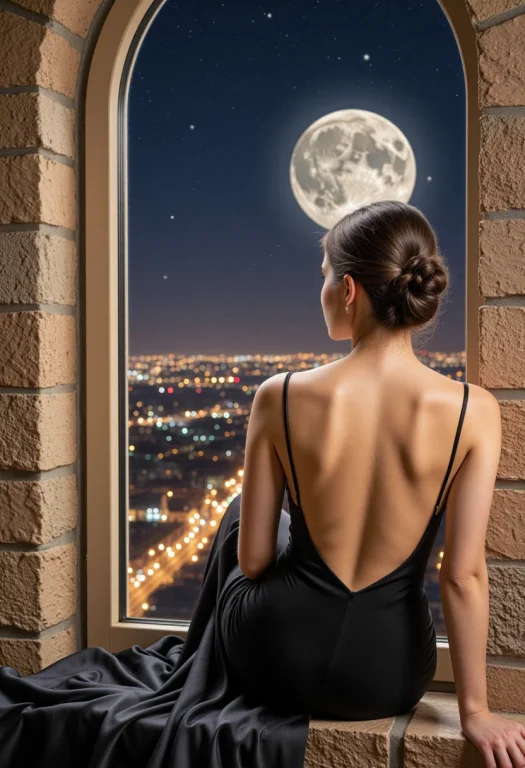 Realistic Photograph Showing A Rear View Of Sophia Sitting O...