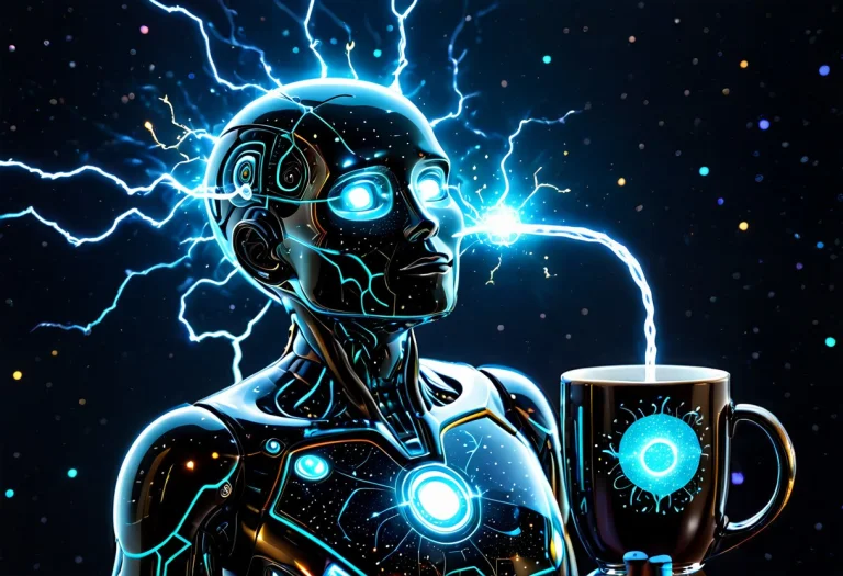 An Overworked Office Robot Drinking A Glowing Mug Of Cosmic...