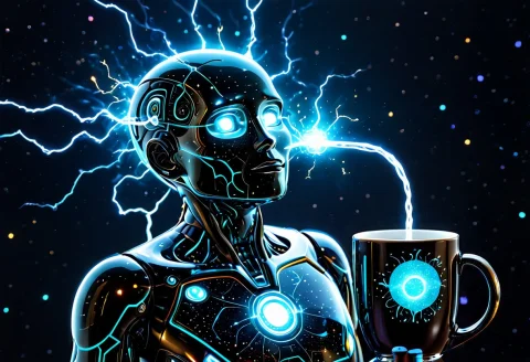 An Overworked Office Robot Drinking A Glowing Mug Of Cosmic... — SDXL AI Prompt: An overworked office robot drinking a glowing mug of cosmic nebula coffee, biolu...