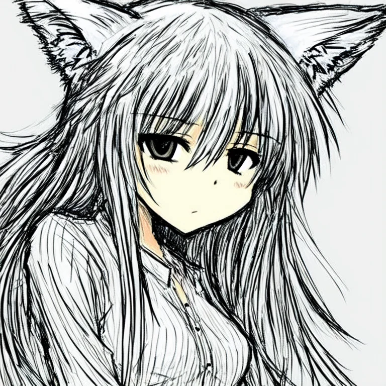 1girl, Solo , Animal Ears, , Sketch , Jaggy Lines, Watercolo...