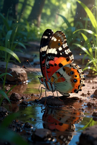 , A Butterfly Bathing On A Damp Patch Of Soil In A Sun-dappl... — Stable Diffusion AI Prompt: , A butterfly bathing on a damp patch of soil in a sun-dappled clearing