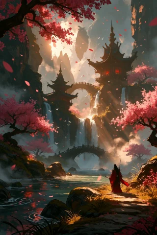 Ta86inkriot, Thin Black Outlines, Epic Fantasy Landscape Ins... — Stable Diffusion AI Prompt: ta86_inkriot, thin black outlines, Epic fantasy landscape inspired by East Asian...