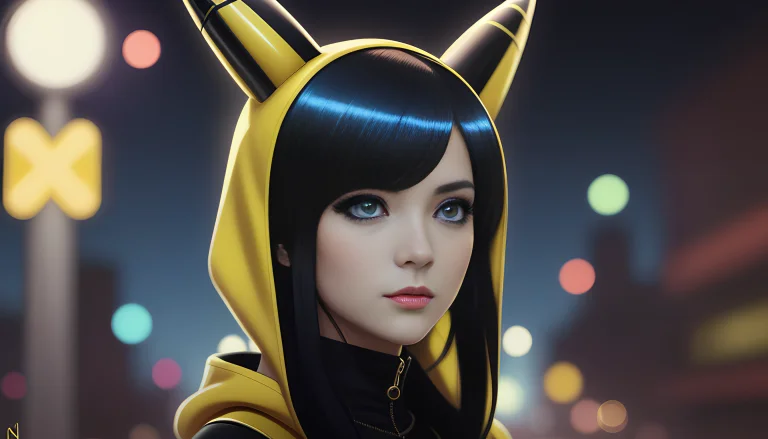 Pikachu-girl With Big And Cute Eyes, Blue Eyes, Hood, Steamp...