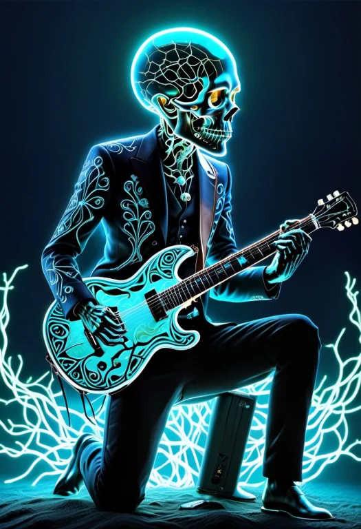 A Bioluminescent Light Skull Man Playing Guitar,in Deep Sea,...