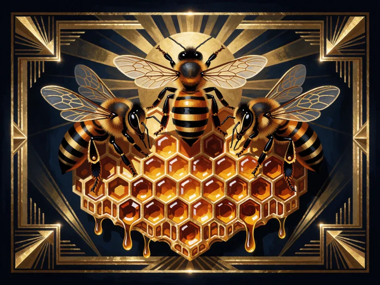 An Illustration Of Three Honeybees Gathered On A Golden Hone...