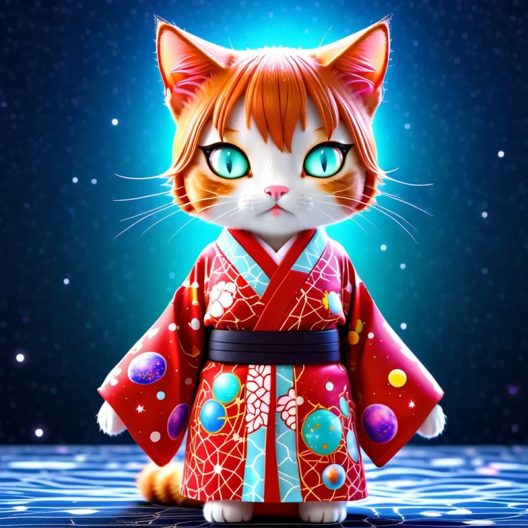 A 3d Chibi Anime Red Hair Cat Girl Wear Cosmos Universe Kimo...