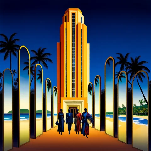 Lorazptagk2e101 An Art Deco Skyscraper. A Hot Yellow Orange... — Stable Diffusion AI Prompt: an Art Deco skyscraper. A hot yellow orange and bisque and navy blue colour pal...