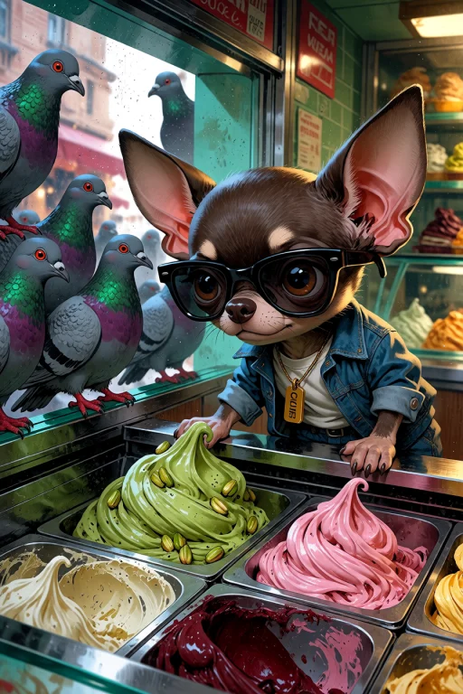 , An Interior Medium Shot Inside A Gelato Stand. A Tiny Bipe...